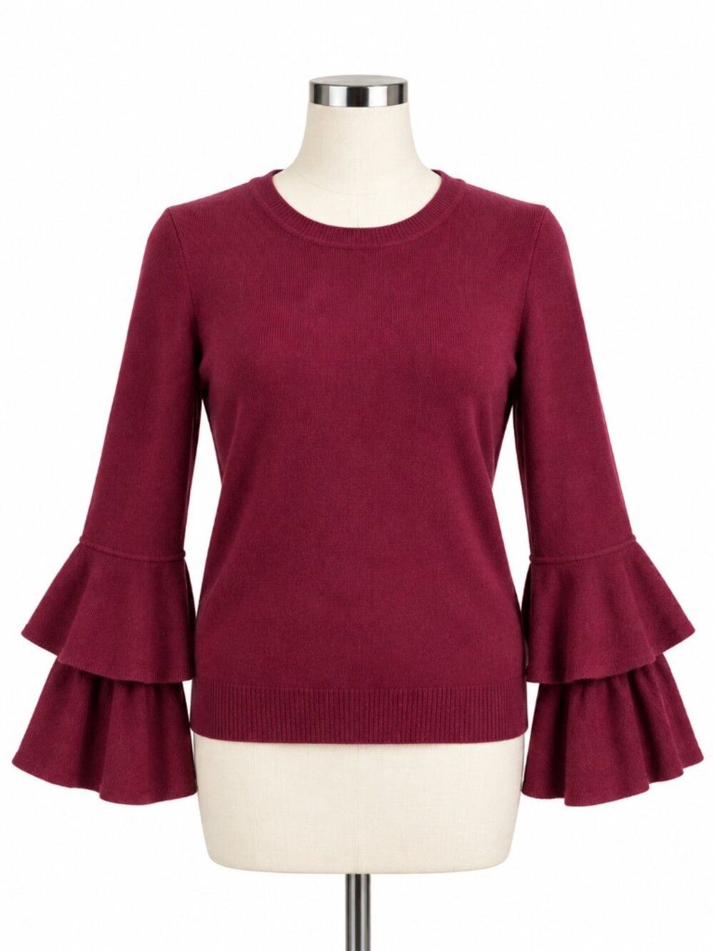 J.Crew Mercantile Burgundy Tiered Ruffle Bell Sleeve Sweater Small Cotton